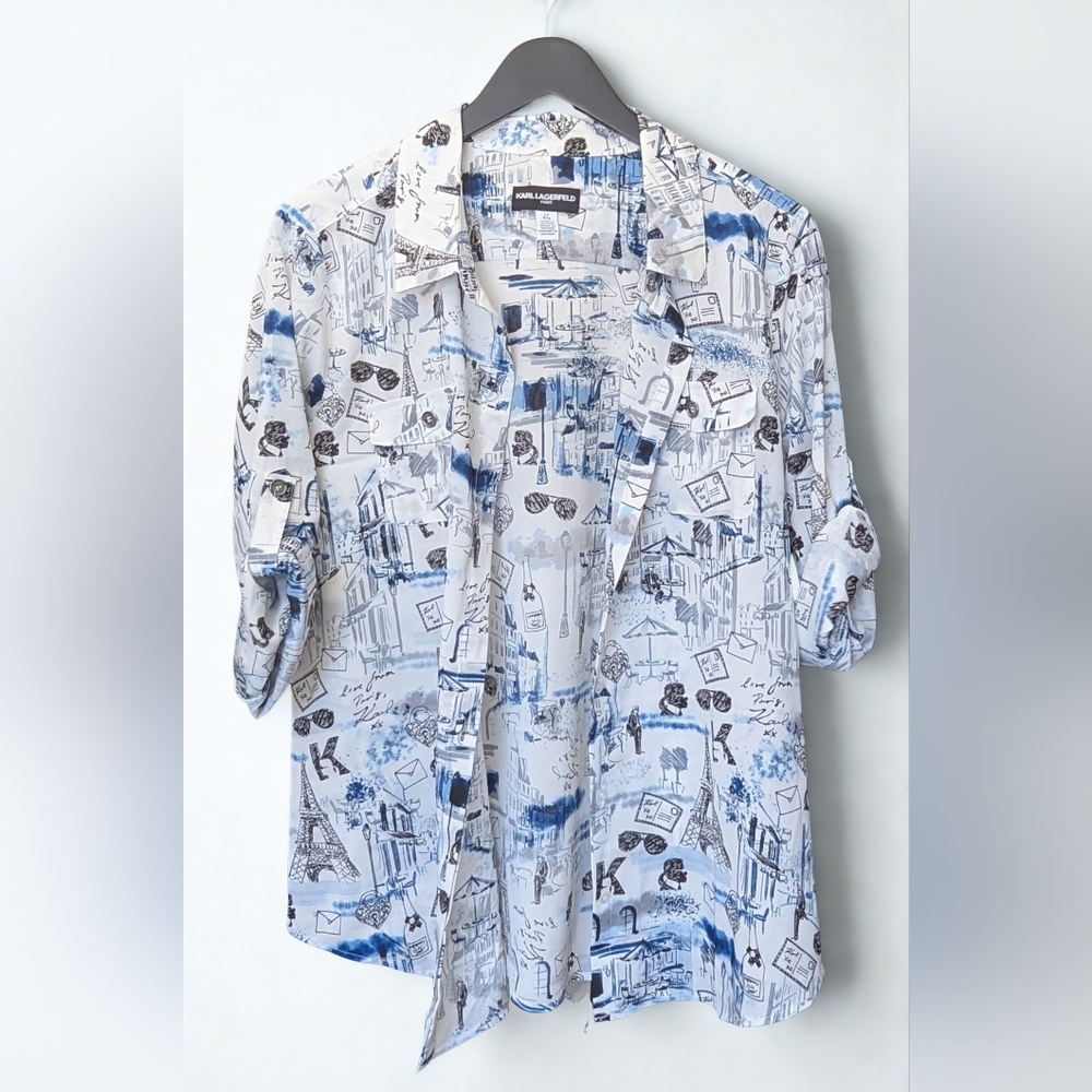 Karl Lagerfeld Blue White Graphic Button Up Shirt